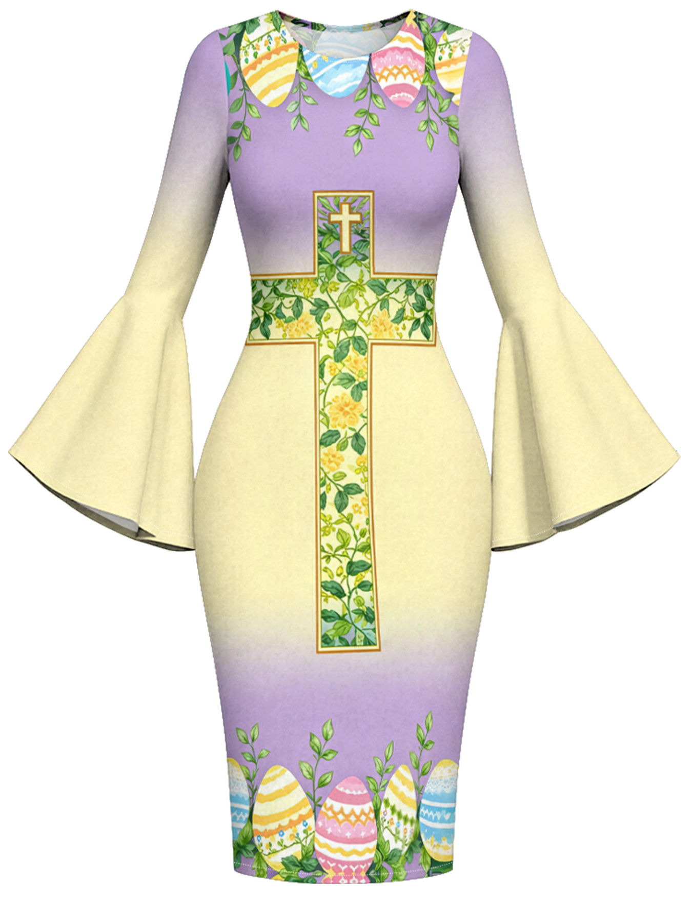 Ombre Purple-Yellow Cross Easter Flare Sleeve Bodycon Midi Dress
