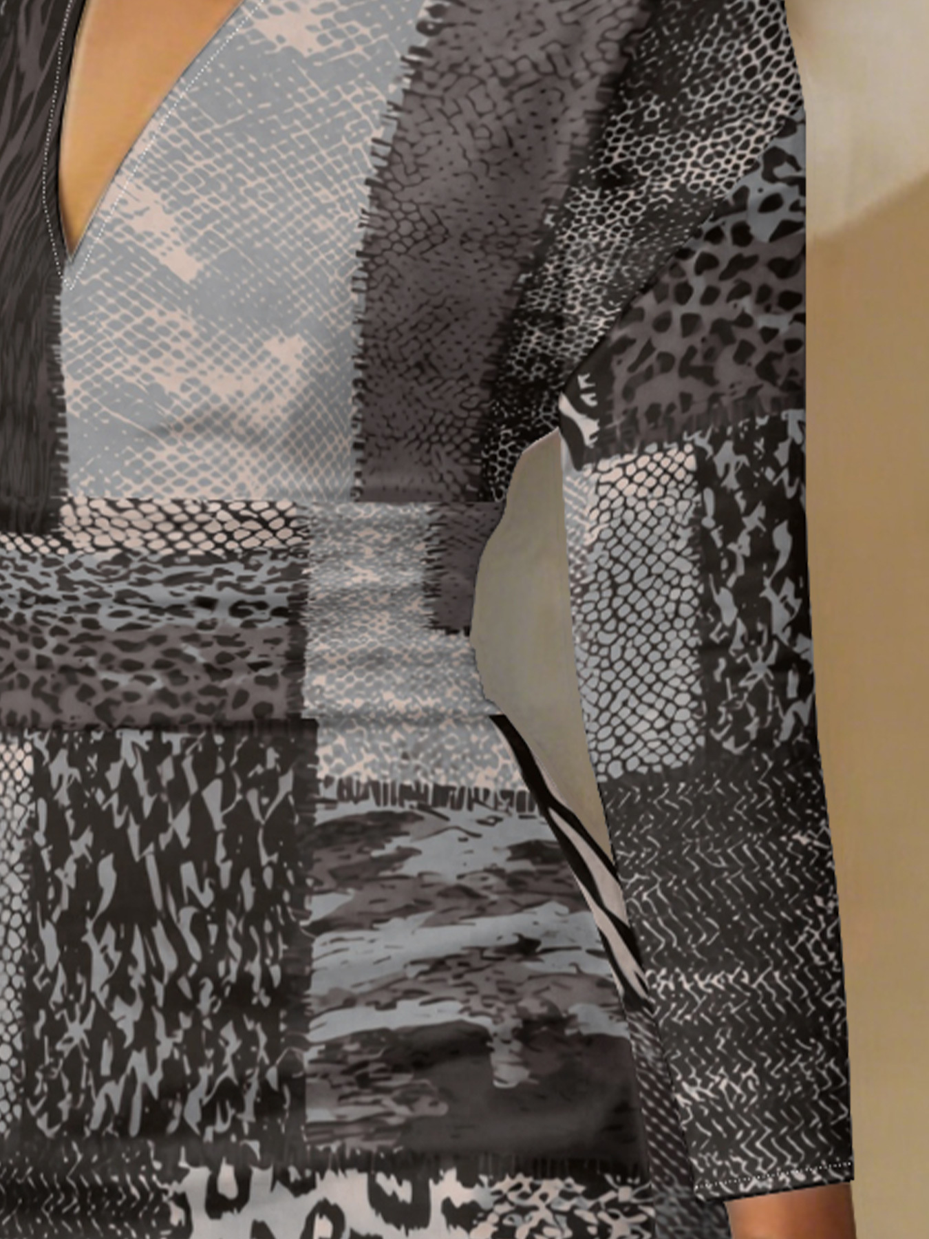 Grey & Black Patchwork Animal V-Neck Bodycon Midi Dress SGV5193