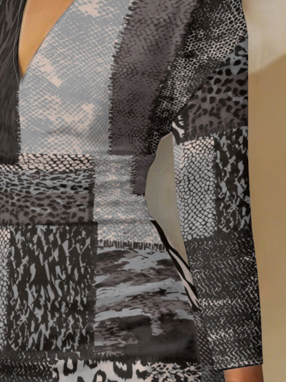 Grey & Black Patchwork Animal V-Neck Bodycon Midi Dress SGV5193