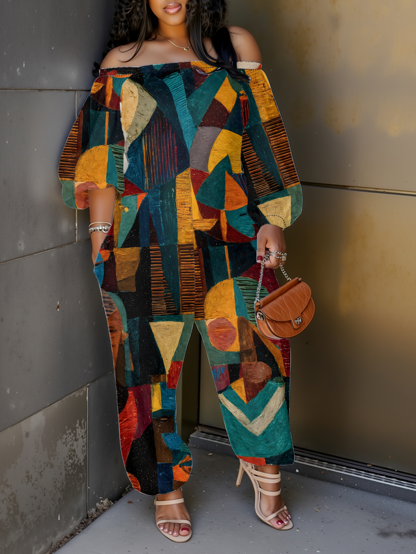 Geometric Abstract Art Off-Shoulder Jumpsuit