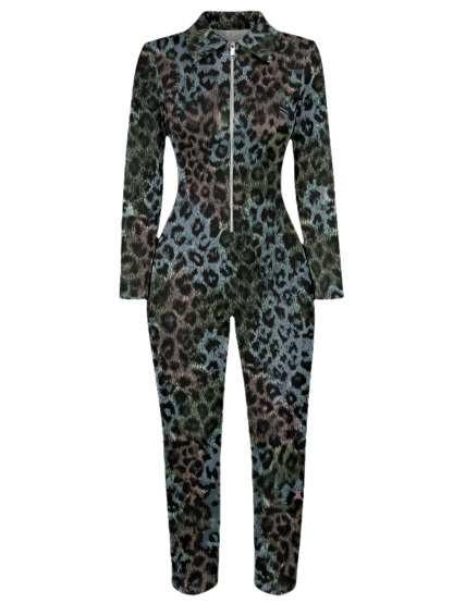Teal Leopard Long Sleeve Zip-Up Jumpsuit 