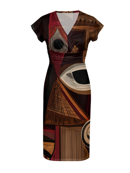 Retro Abstract Cap Sleeve V-Neck Midi Dress