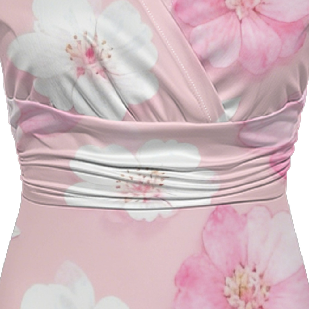 Pink Floral Cap Sleeve V-Neck Midi Dress HMQX364