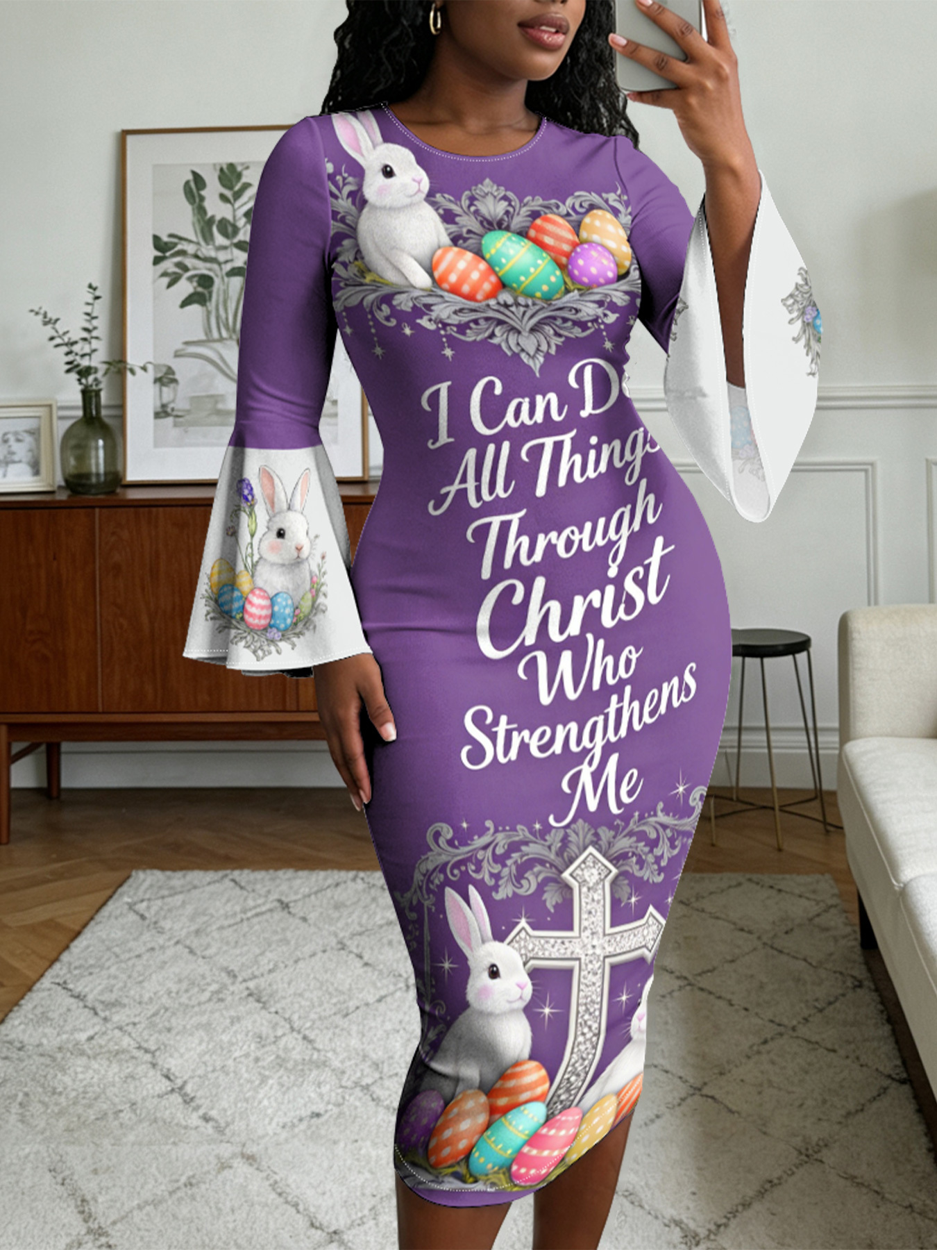 Purple Easter Bunny Cross  Easter Flare Sleeve Bodycon Midi Dress