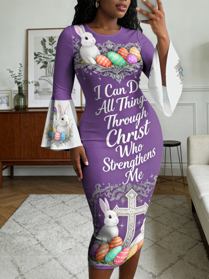 Purple Easter Bunny Cross  Easter Flare Sleeve Bodycon Midi Dress