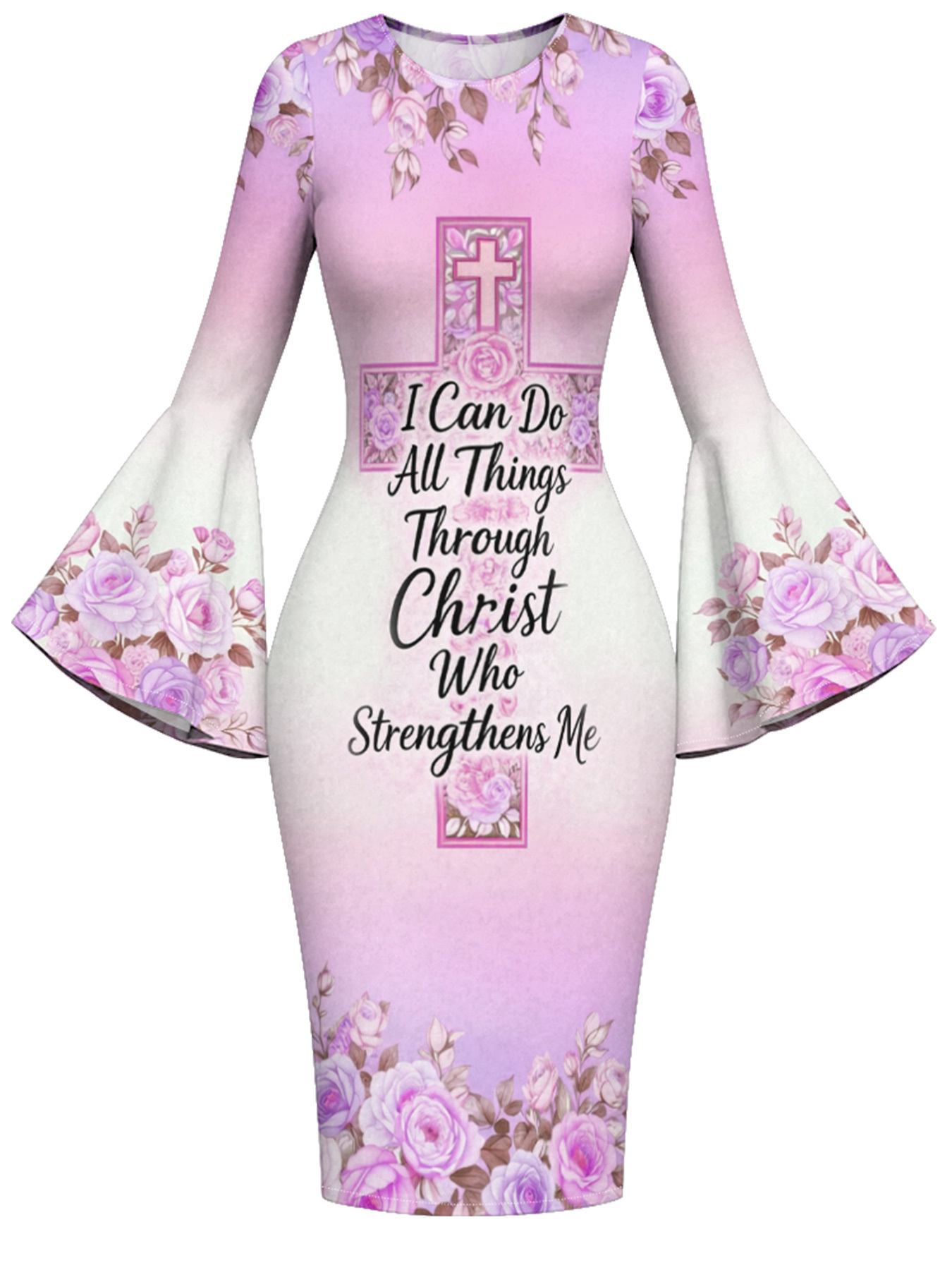 Floral Cross Scripture Easter Flare Sleeve Bodycon Midi Dress JHU758