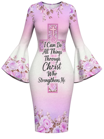 Floral Cross Scripture Easter Flare Sleeve Bodycon Midi Dress JHU758