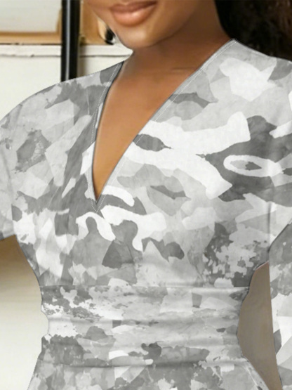 Grey Geometric Camo V-Neck Bodycon Midi Dress FGY2647