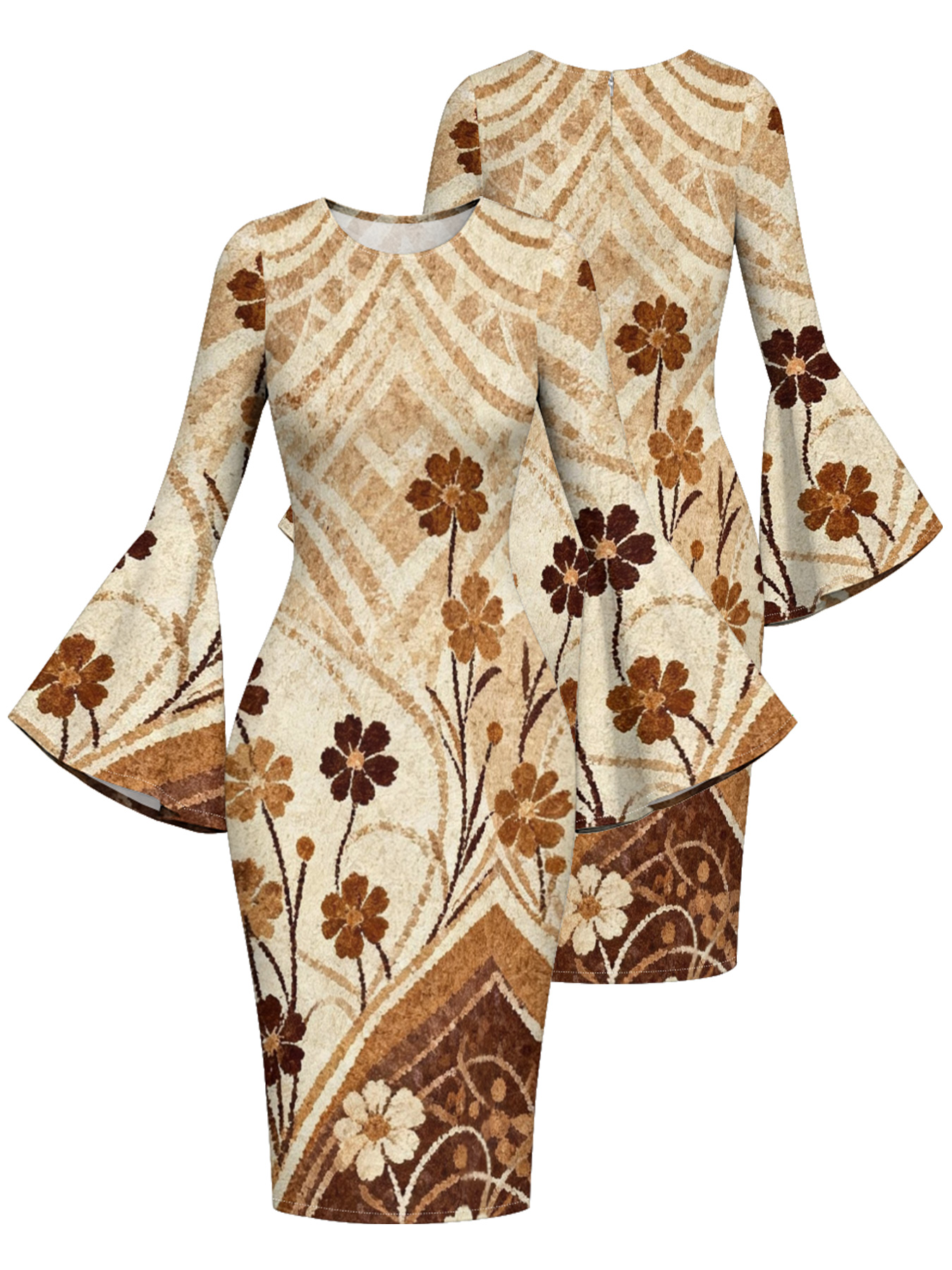 Beige Chevron Floral Flare Sleeve Bodycon Midi Dress ZYW731