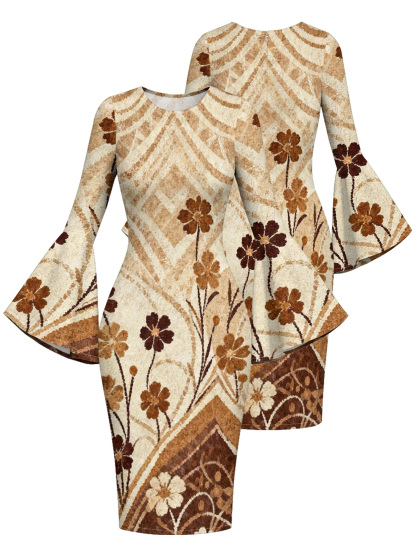 Beige Chevron Floral Flare Sleeve Bodycon Midi Dress ZYW731