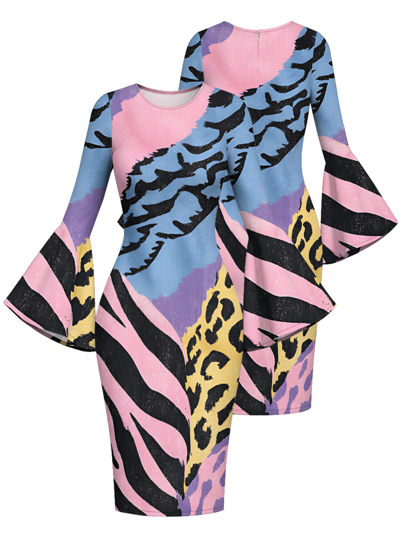 Multicolor Watercolor Animal Flare Sleeve Bodycon Midi Dress DEG3675