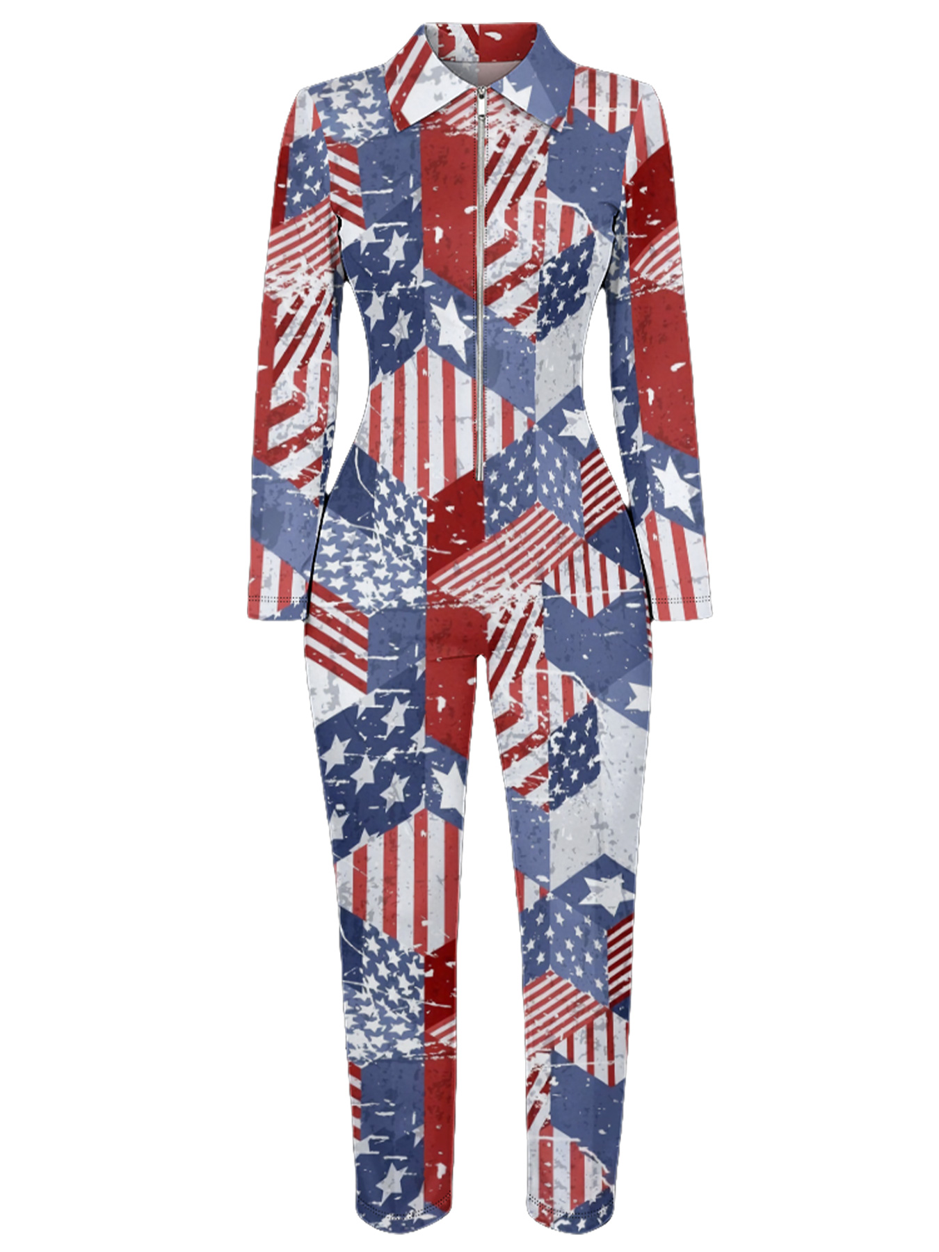 Vintage American Flag Long Sleeve Zip-Up Jumpsuit 