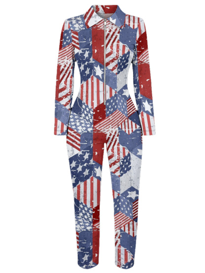 Vintage American Flag Long Sleeve Zip-Up Jumpsuit 