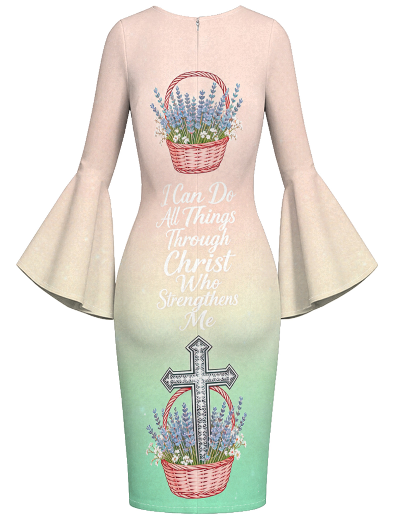 Ombre Pink-Green Lavender Cross Easter Flare Sleeve Bodycon Midi Dress