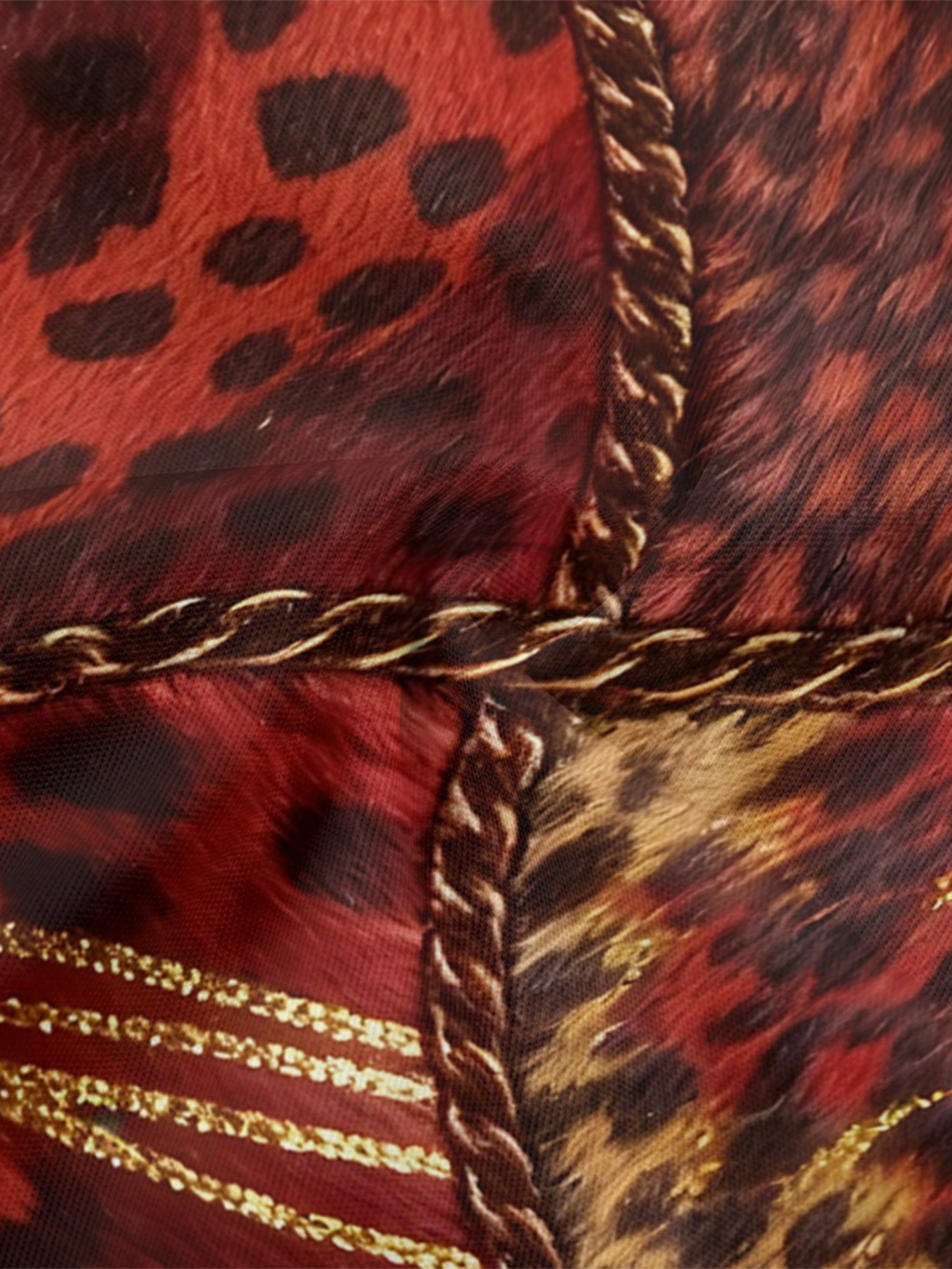 Red Leopard Print Gold Chain Flare Sleeve Bodycon Midi Dress CDF7382