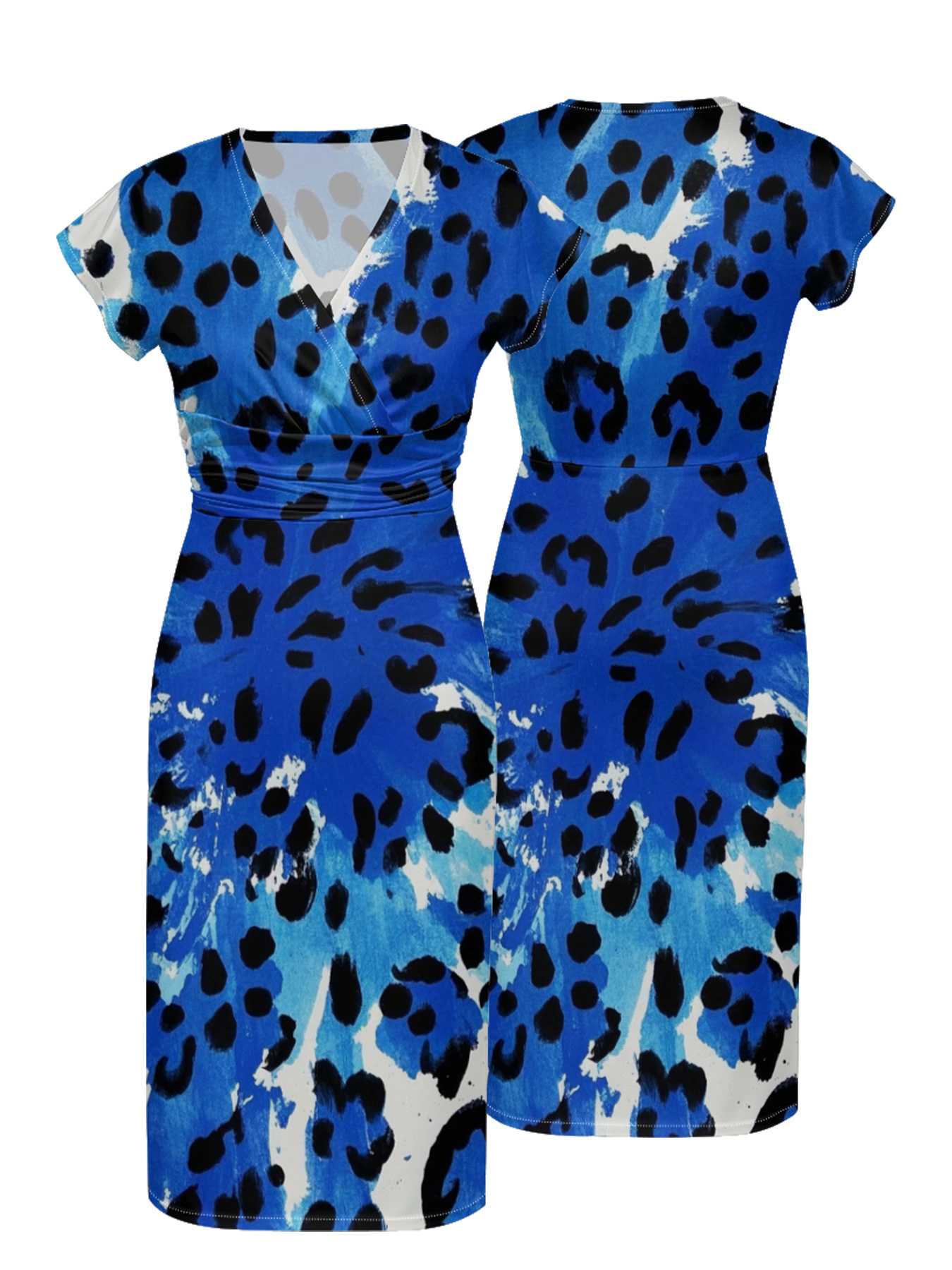 Blue Leopard Wrap Cap Sleeve V-Neck Midi Dress MPSV479