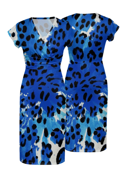 Blue Leopard Wrap Cap Sleeve V-Neck Midi Dress MPSV479
