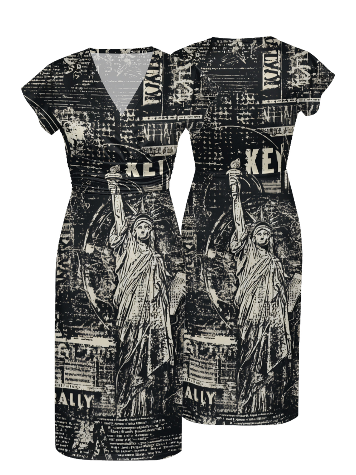 Statue of Liberty Newspaper Cap Sleeve V-Neck Midi Dress