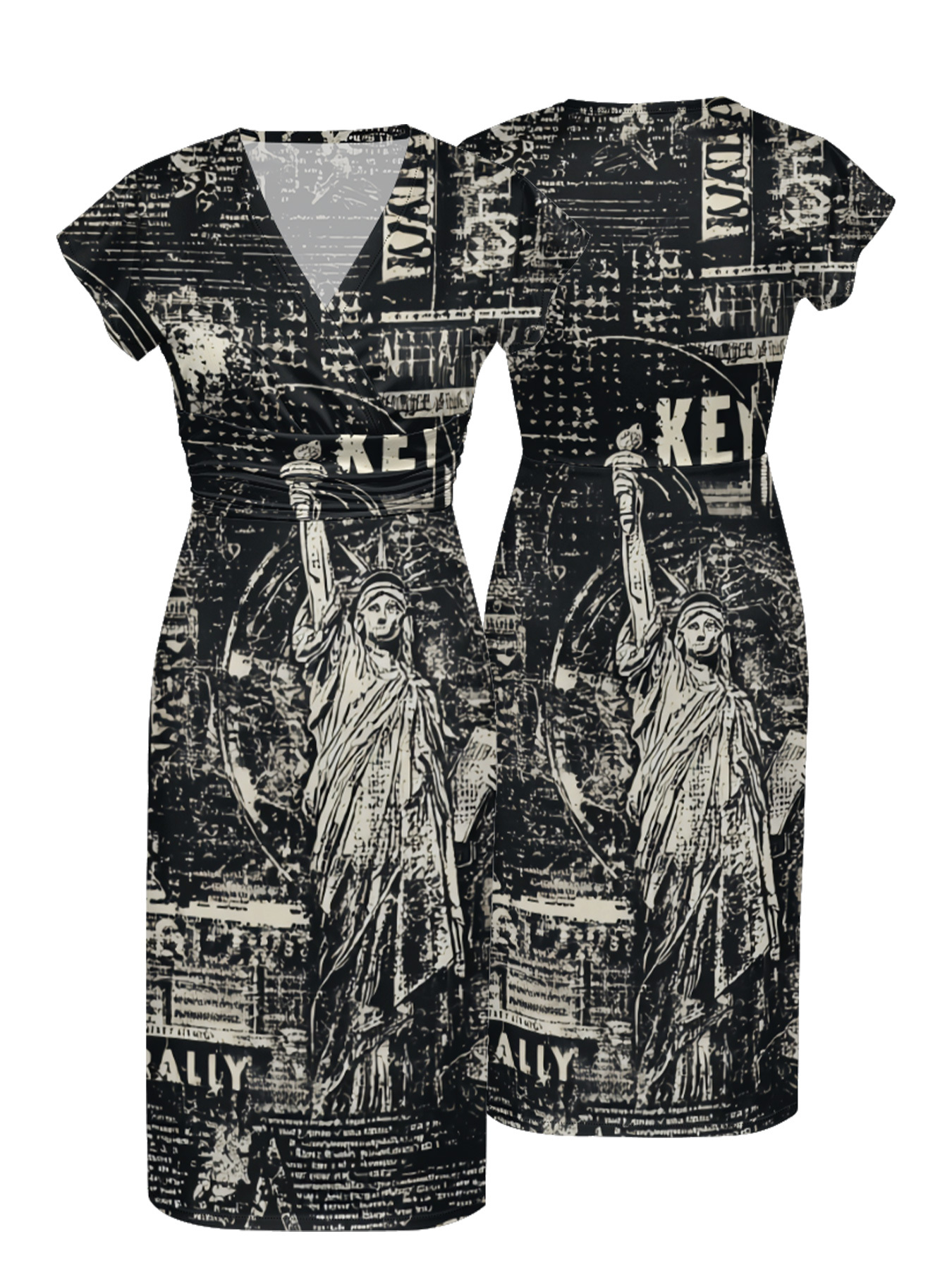 Statue of Liberty Newspaper Cap Sleeve V-Neck Midi Dress