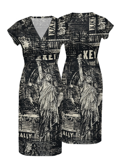 Statue of Liberty Newspaper Cap Sleeve V-Neck Midi Dress