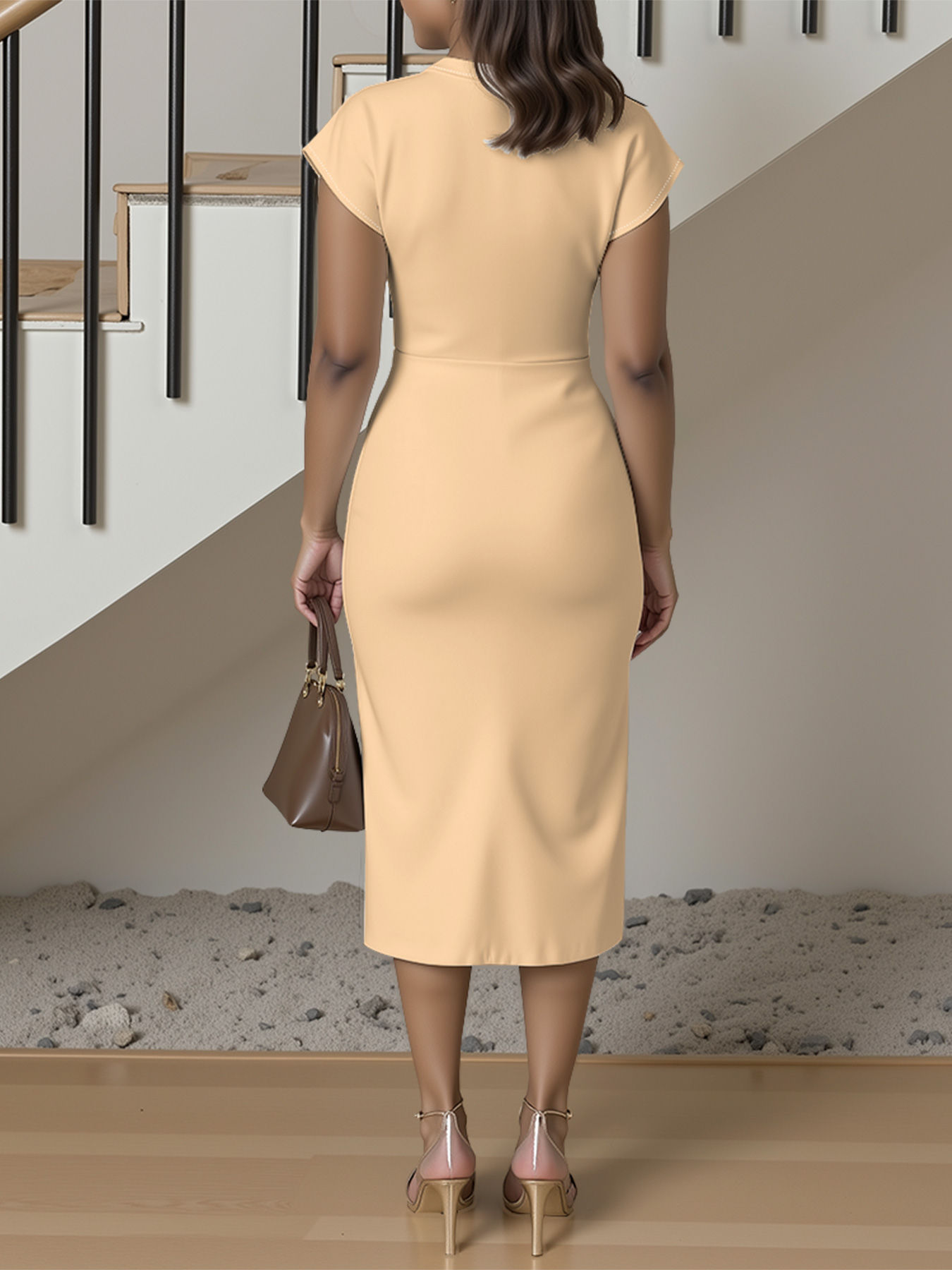 Beige Cap Sleeve V-Neck Midi Dress