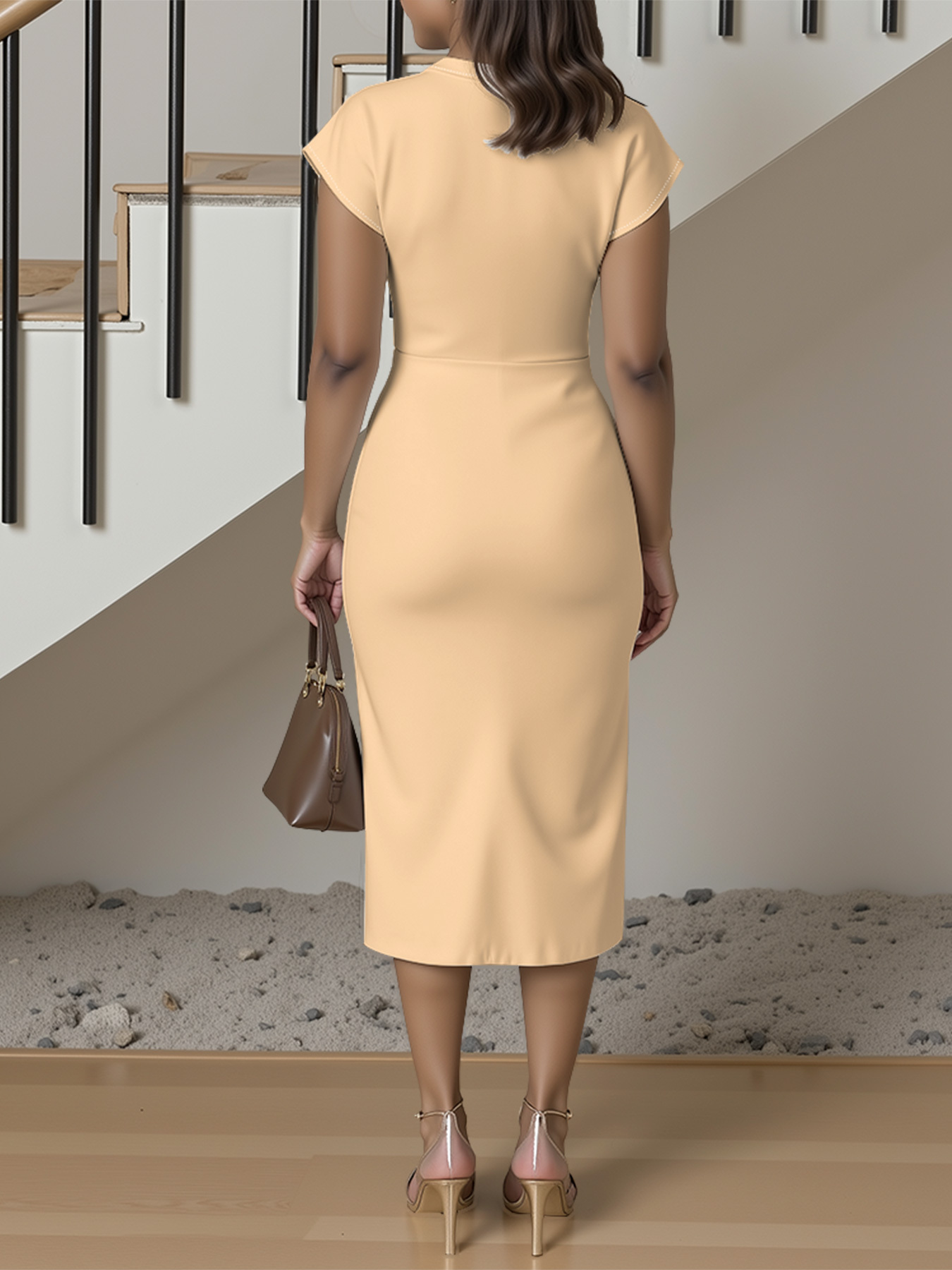 Beige Cap Sleeve V-Neck Midi Dress