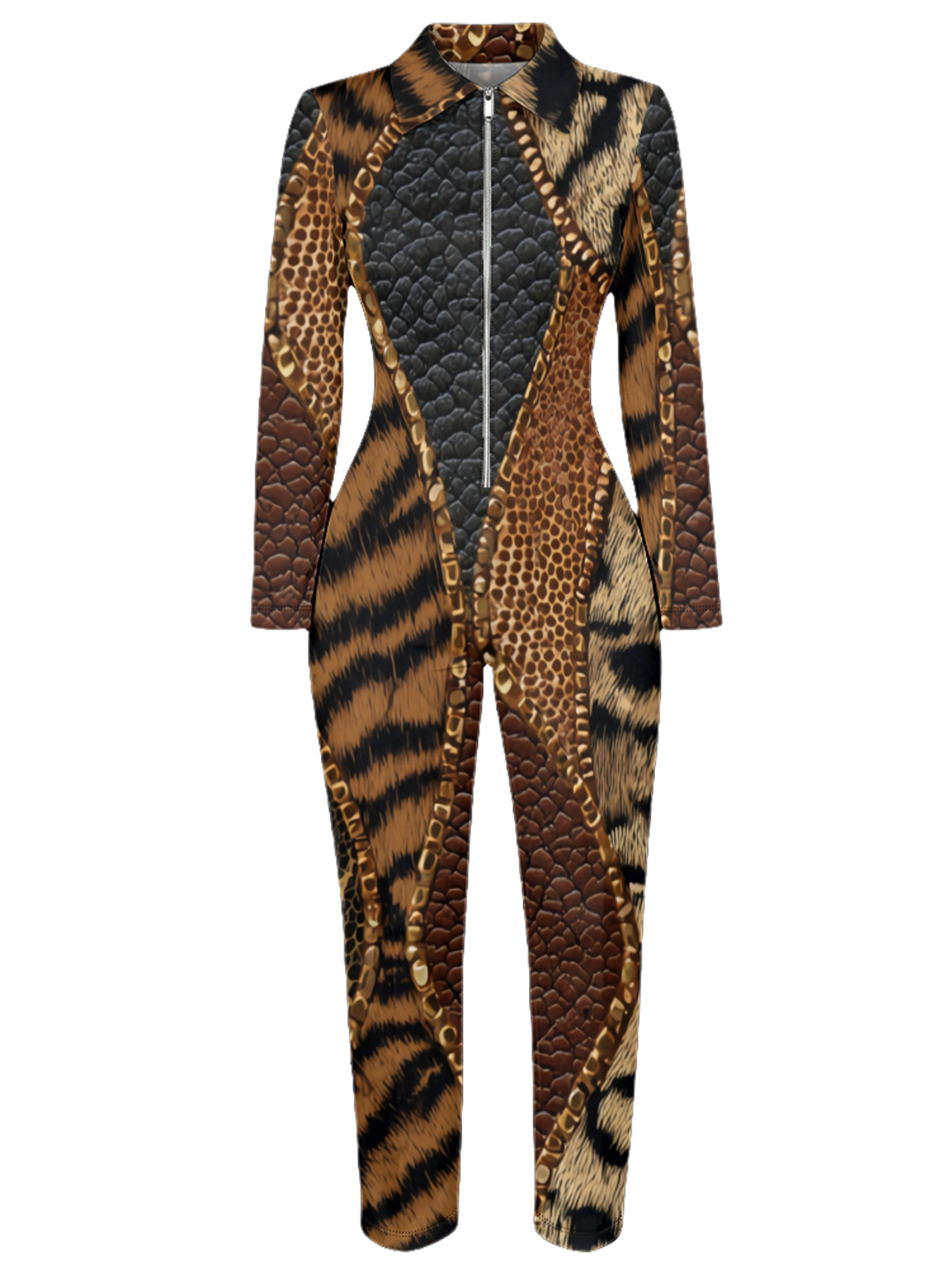 Mixed Safari Print Long Sleeve Zip-Up Jumpsuit