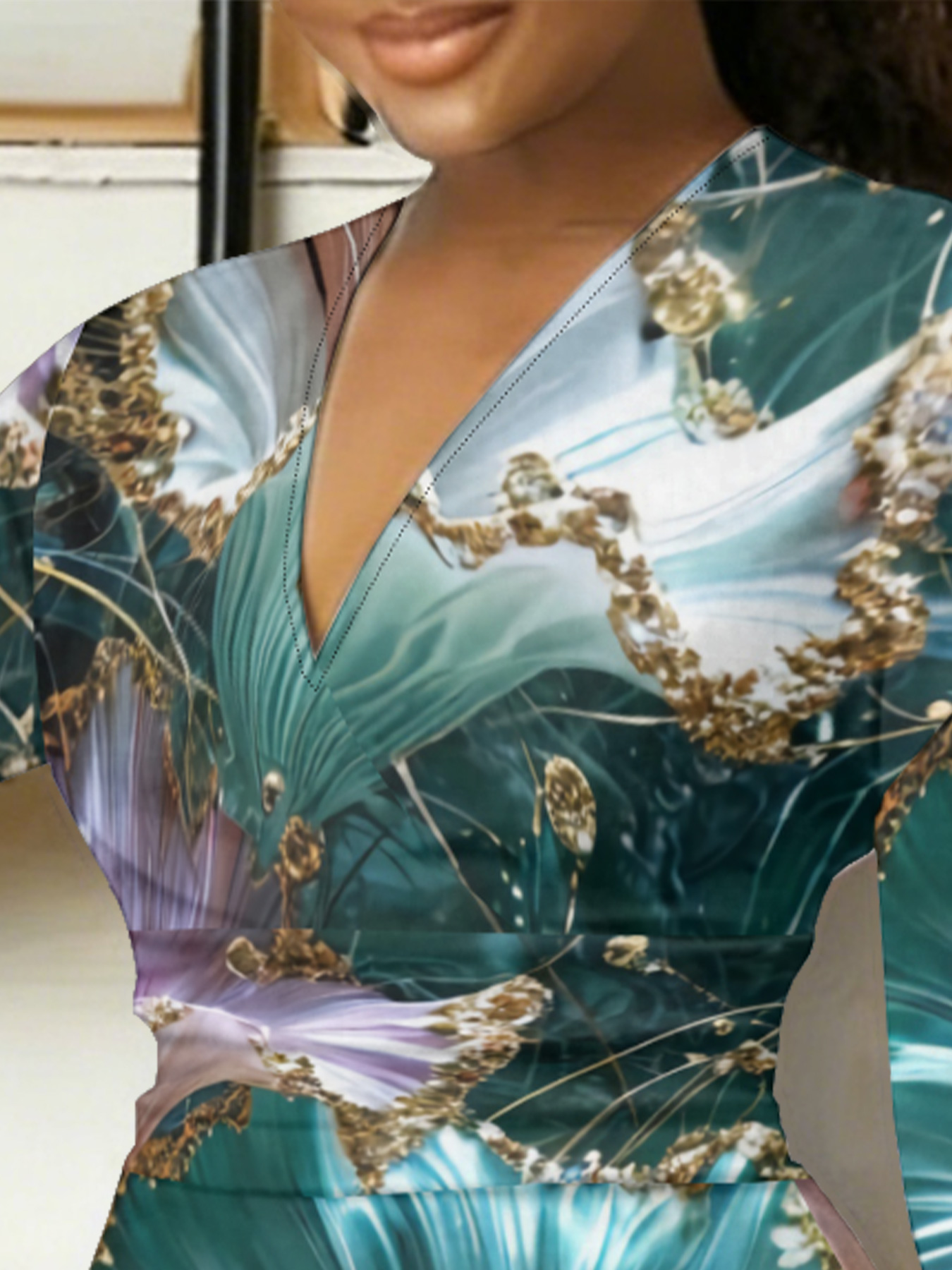 Teal Purple Gold Floral V-Neck Bodycon Midi Dress EFG930