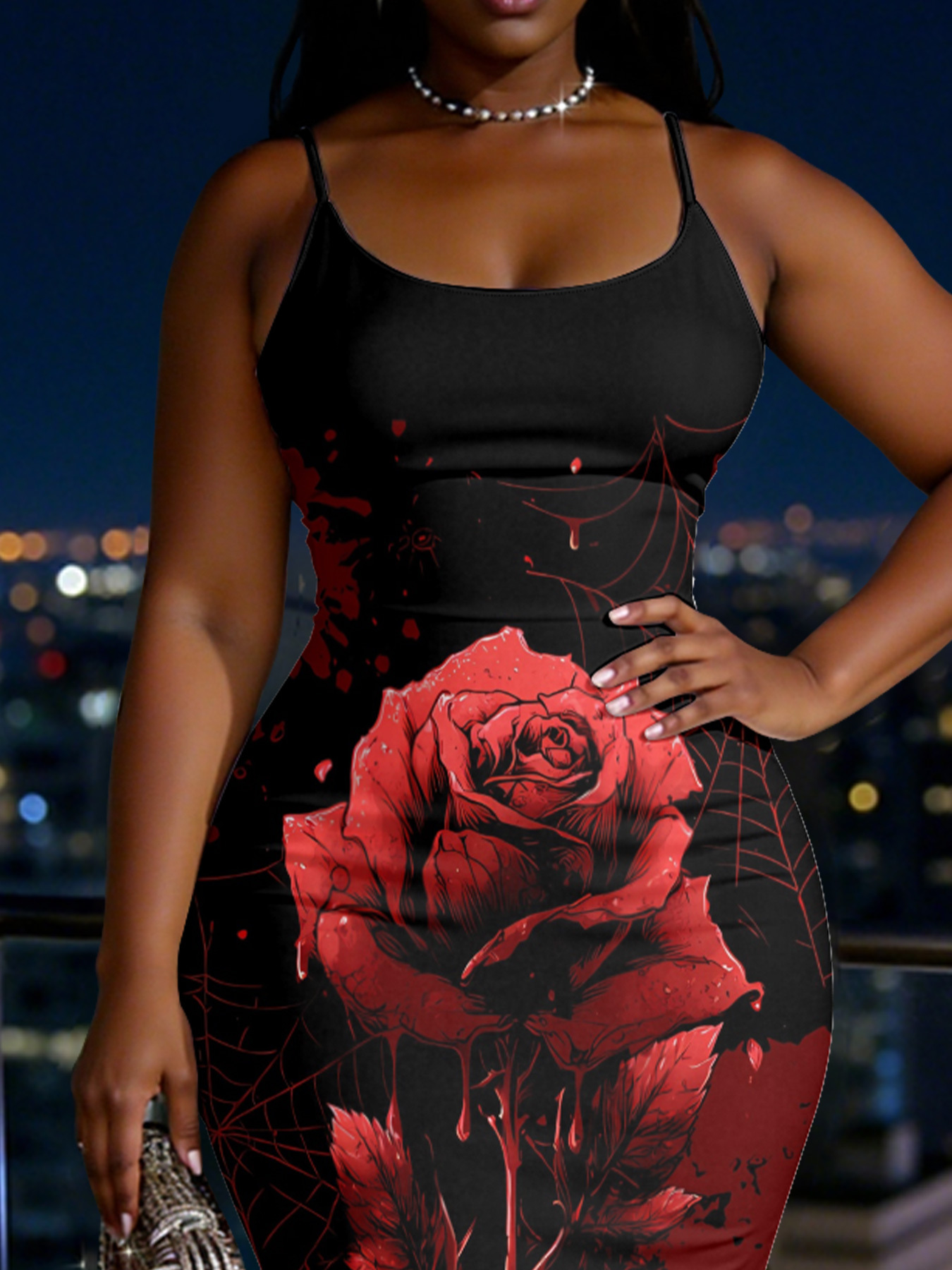 Gothic Blood Rose Spaghetti Strap Mermaid Dress LNP9742