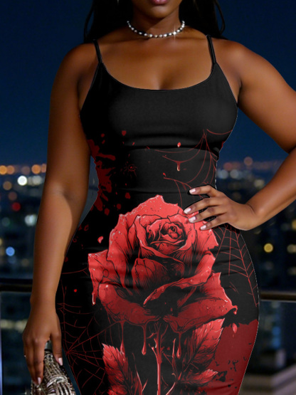 Gothic Blood Rose Spaghetti Strap Mermaid Dress LNP9742
