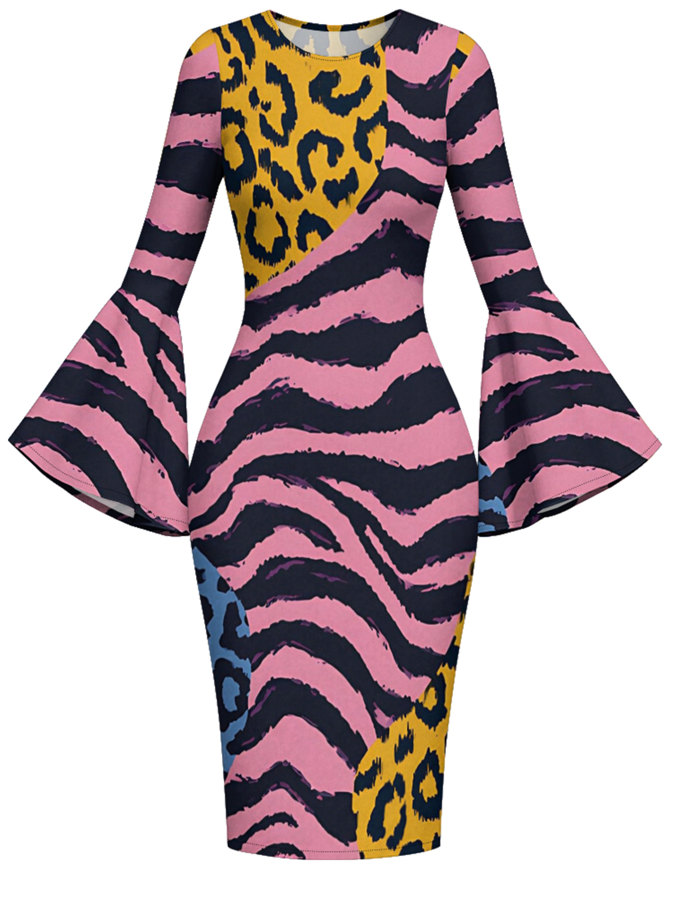Color Block Animal Flare Sleeve Bodycon Midi Dress FGH5897