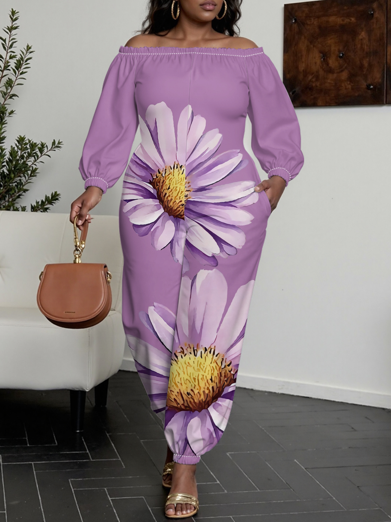 Plus Size Friendly Off Shoulder Floral Jumpsuit | Loose Fit Long Sleeve Casual Romper