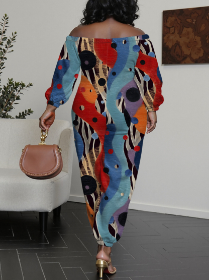 Colorful Abstract Dot & Stripe Off-Shoulder Jumpsuit