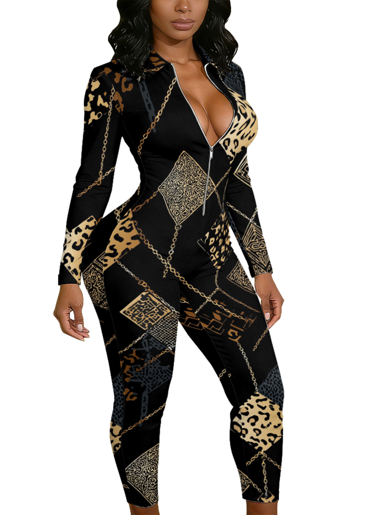 Black Leopard & Gold Chain Long Sleeve Zip-Up Jumpsuit LKJ014