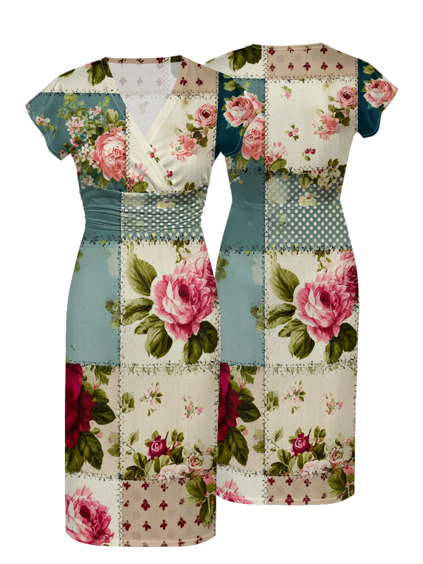 Vintage Teal & Pink Rose Patchwork Cap Sleeve V-Neck Midi Dress IUO0181