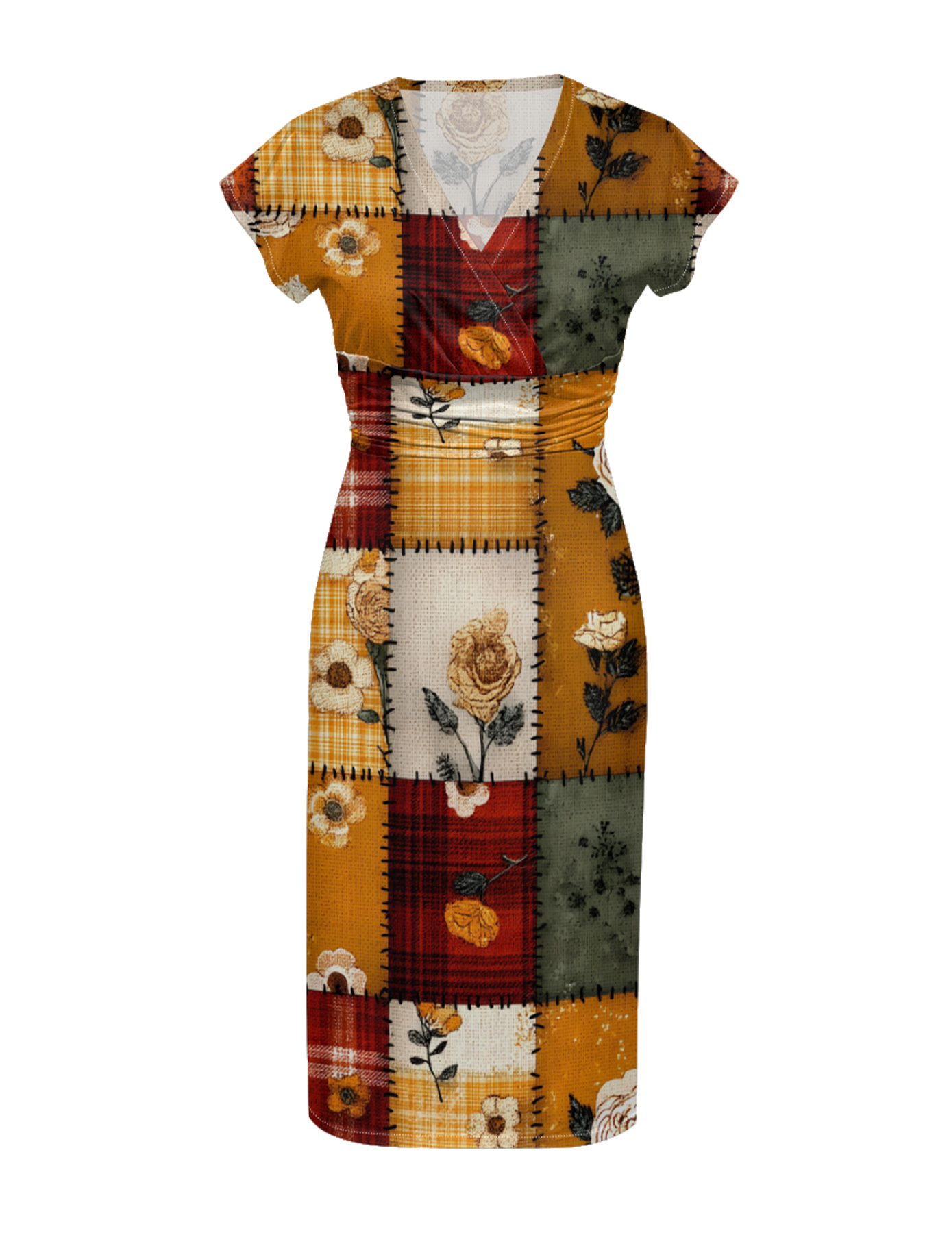 Autumn Floral Patchwork Cap Sleeve V-Neck Midi Dress IUOP080