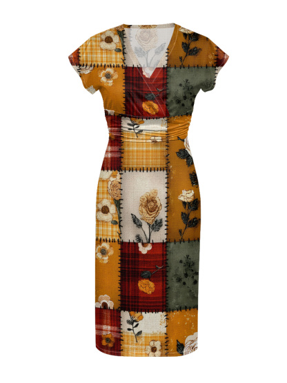 Autumn Floral Patchwork Cap Sleeve V-Neck Midi Dress IUOP080