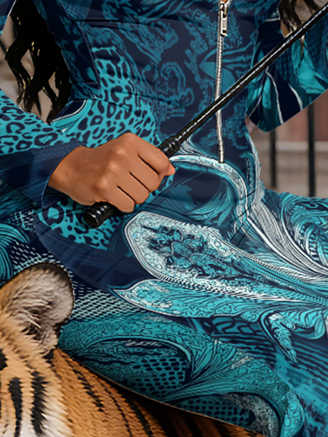 Teal Leopard & Art Nouveau Wave Long Sleeve Zip-Up Jumpsuit 