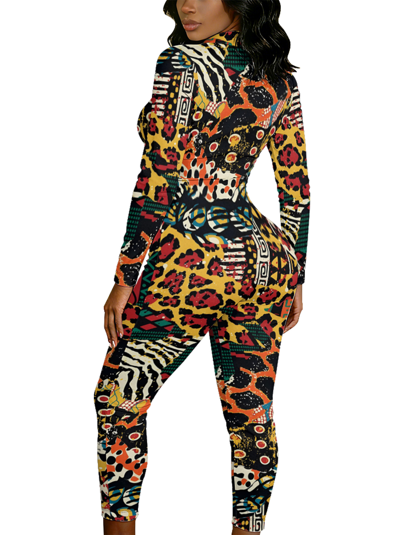 Multicolor Tribal Animal Long Sleeve Zip-Up Jumpsuit 