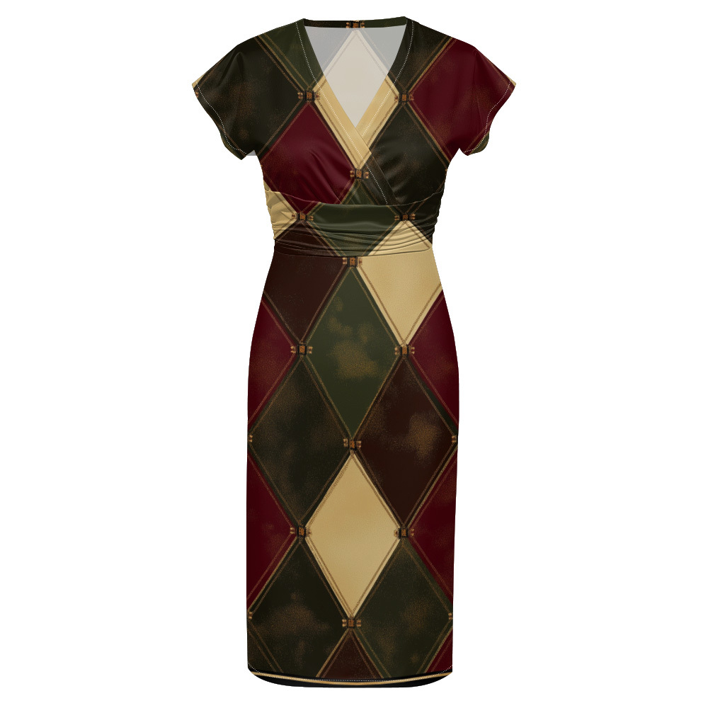 Colorblock Geometric Cap Sleeve V-Neck Midi Dress XWT816