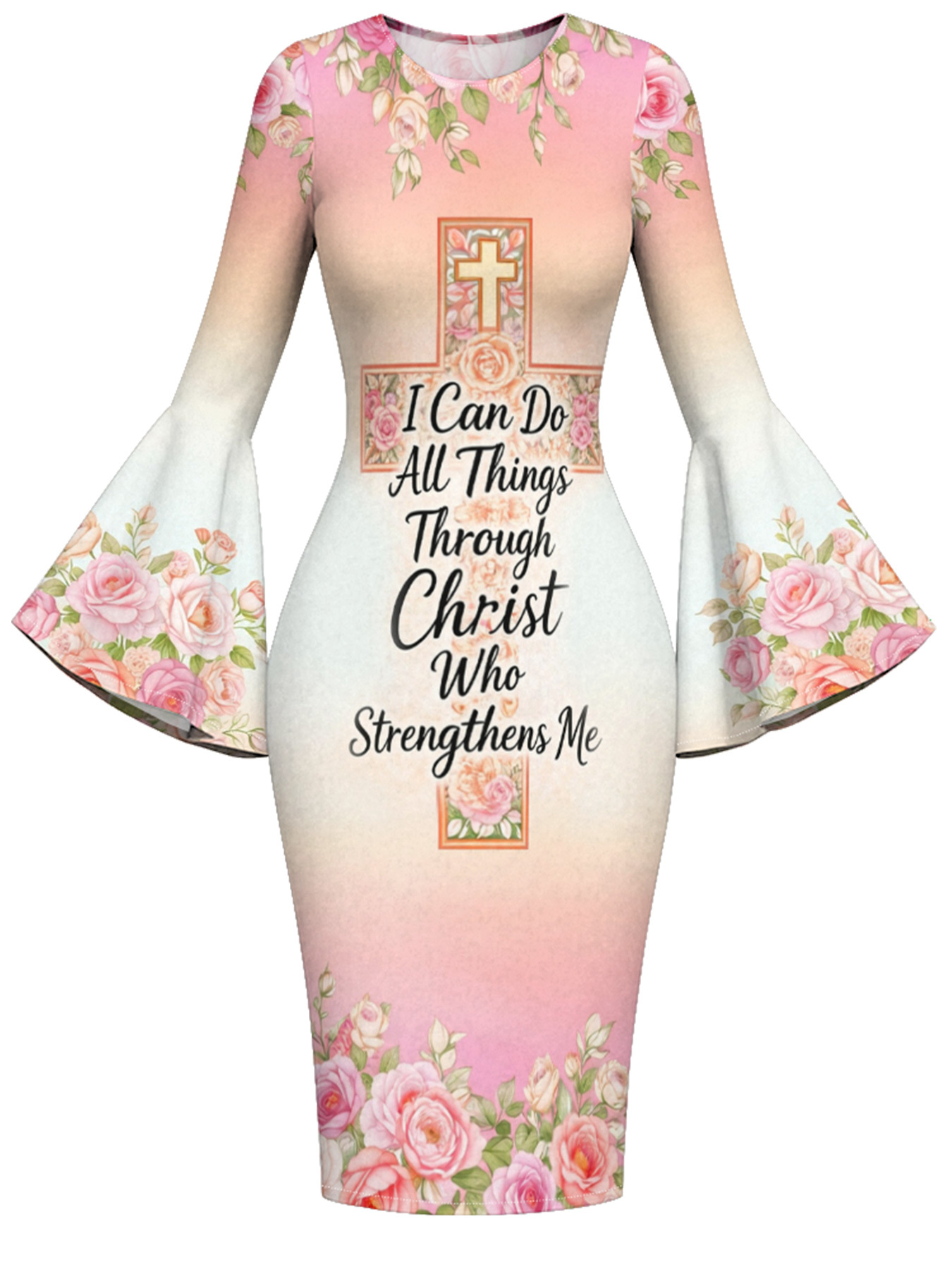 Pink Floral Cross Scripture Easter Flare Sleeve Bodycon Midi Dress JIHB2863