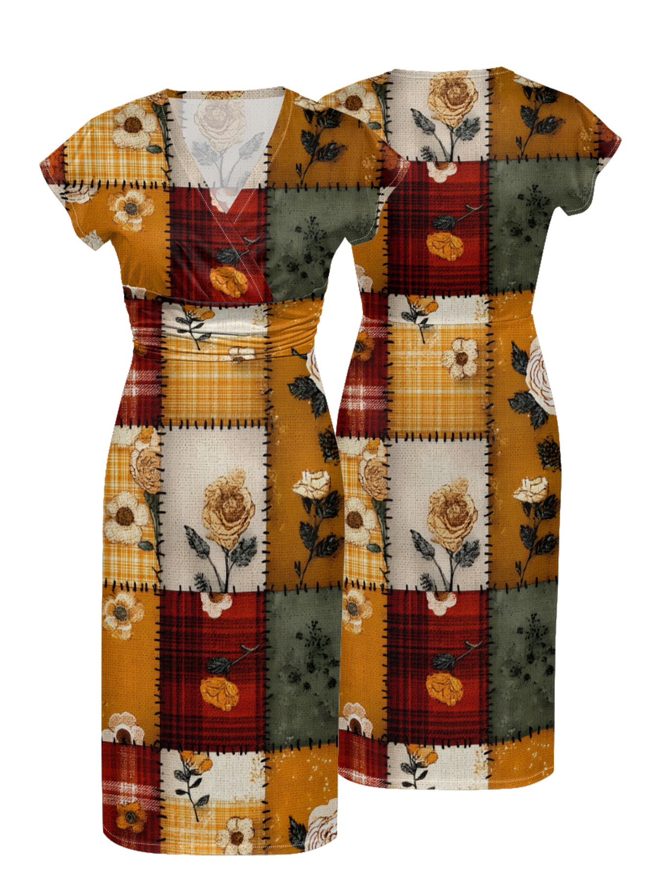 Autumn Floral Patchwork Cap Sleeve V-Neck Midi Dress IUOP080