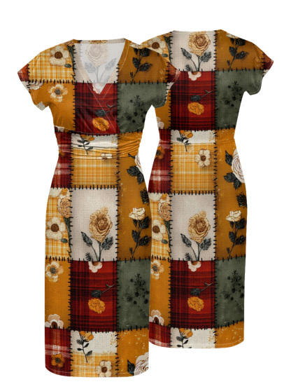 Autumn Floral Patchwork Cap Sleeve V-Neck Midi Dress IUOP080