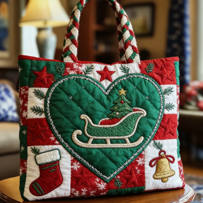 Quilted Christmas Sleigh Heart Tote Bag