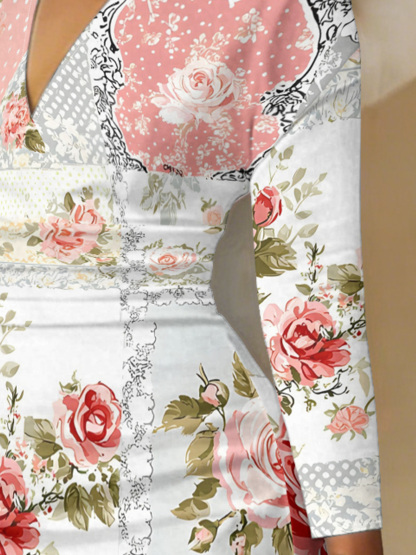 Vintage Patchwork V-Neck Bodycon Midi Dress