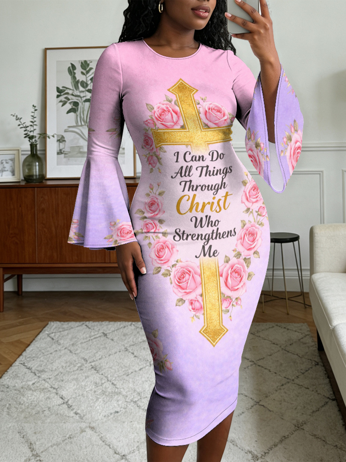 Pink Rose Gold Cross Christian Flare Sleeve Bodycon Midi Dress