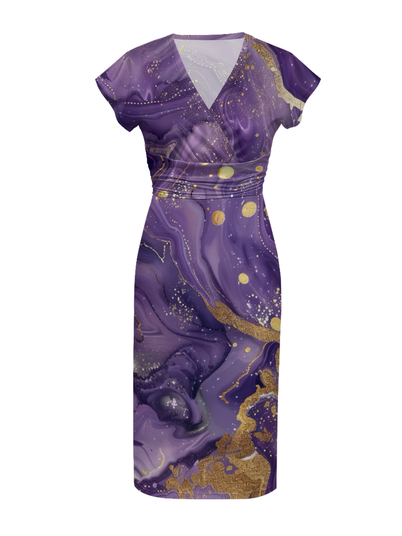 Purple & Gold Marble Cap Sleeve V-Neck Midi Dress OIJUY86907
