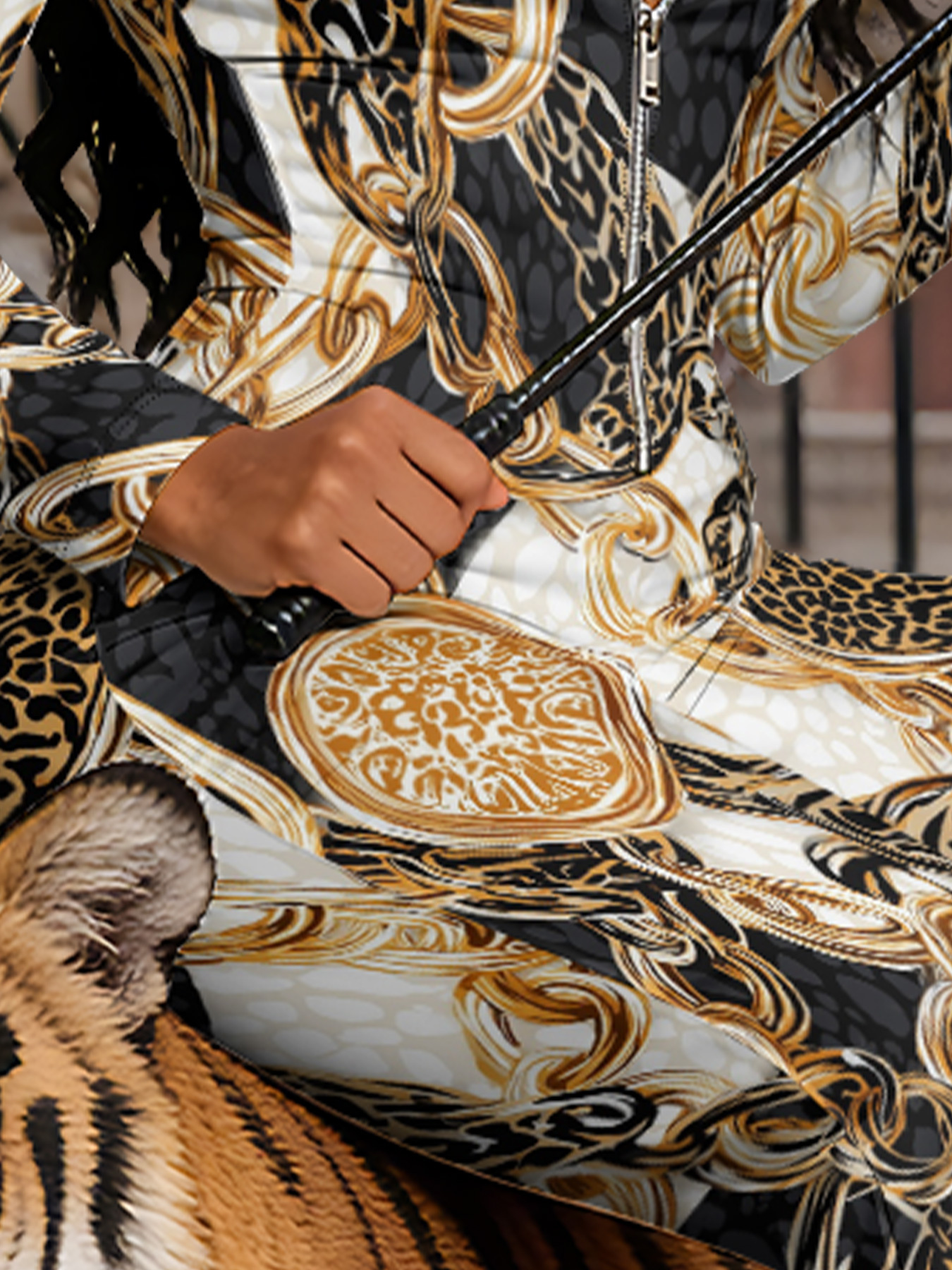 Leopard & Baroque Chain Long Sleeve Zip-Up Jumpsuit NML134