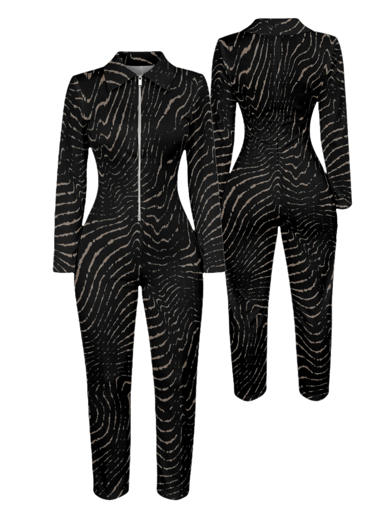 Zebra Stripe Long Sleeve Zip-Up Jumpsuit
