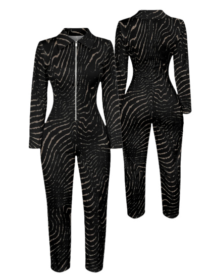 Zebra Stripe Long Sleeve Zip-Up Jumpsuit